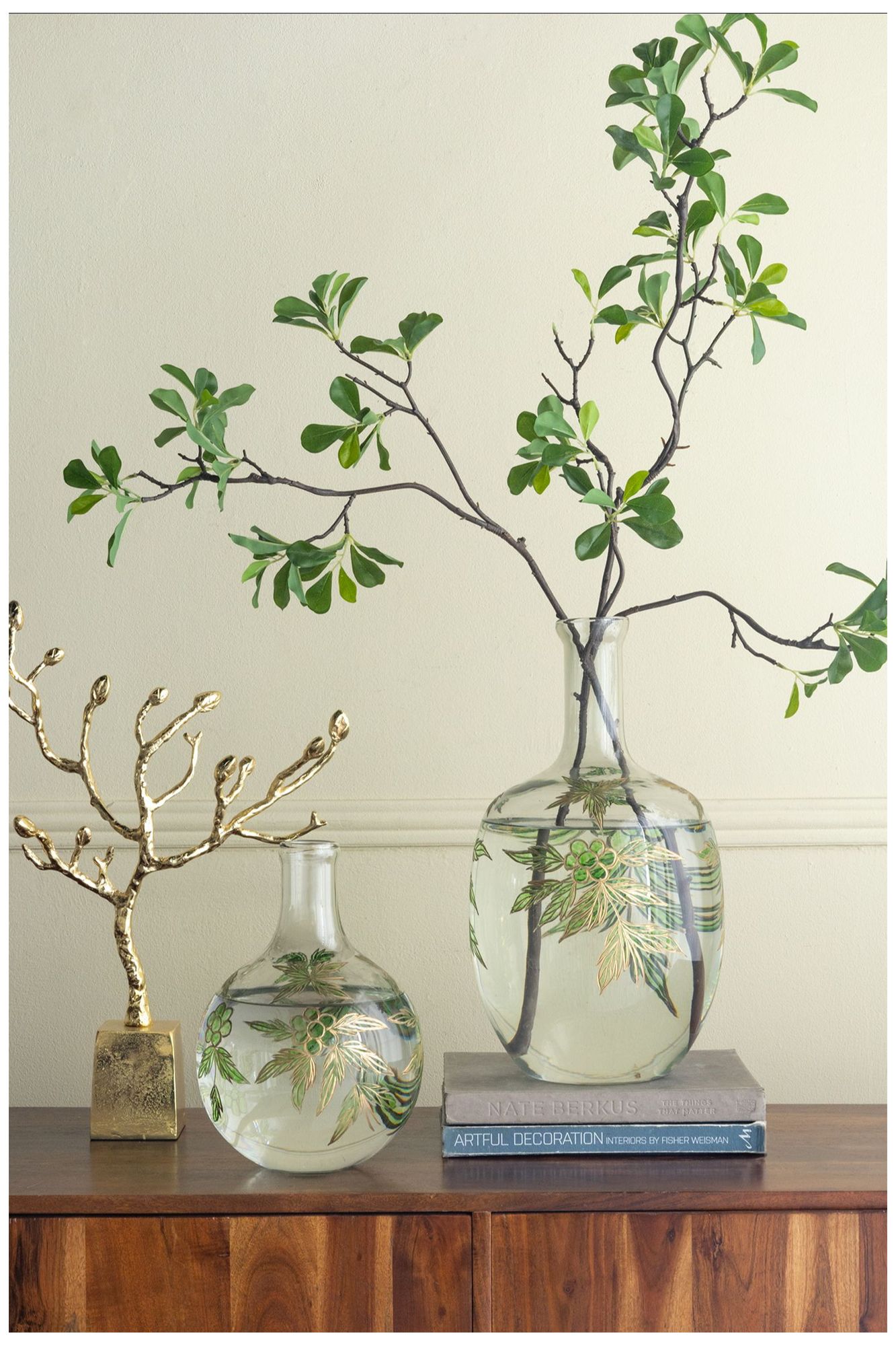 Rounded Clear Glass Vase w/ Narrow Neck & Green & Gold Botanical Design