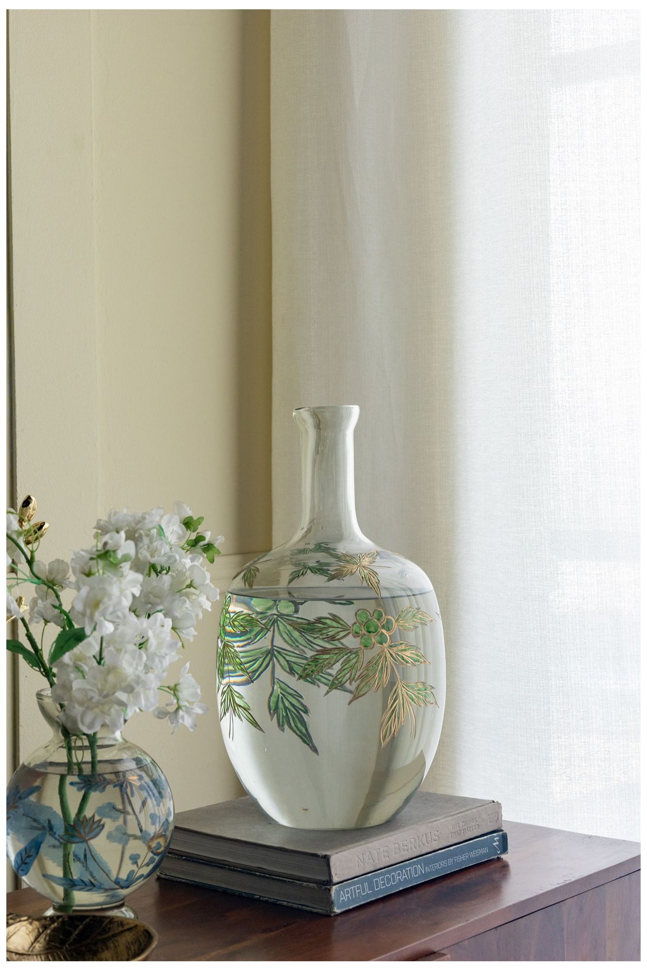 Rounded Clear Glass Vase w/ Narrow Neck & Green & Gold Botanical Design