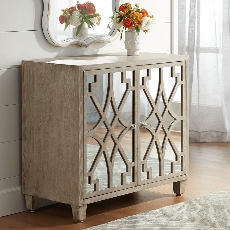 Image 1 Rowan 34" Mirrored Whitewashed Fretwork 2-Door Accent Chest