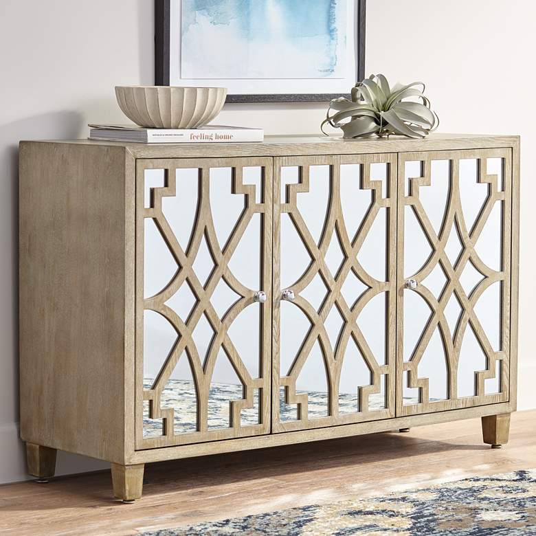 Image 1 Rowan 47 1/4" Mirrored and Whitewashed Fretwork 3-Door Chest