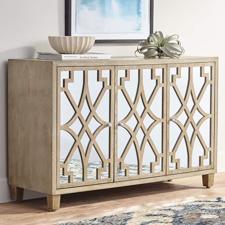 Image 1 Rowan 47 1/4 inch Mirrored and Whitewashed Fretwork 3-Door Chest