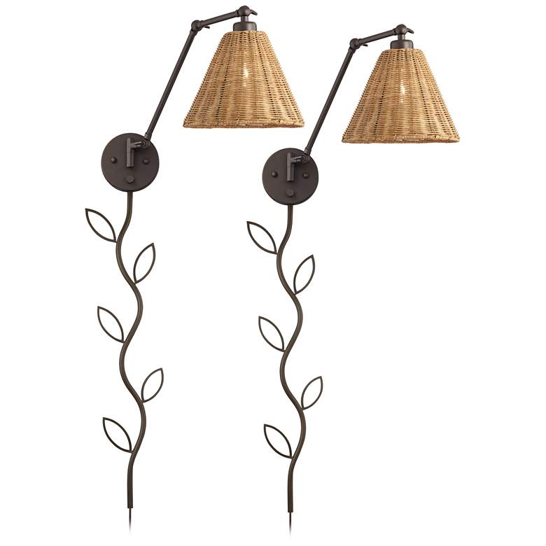 Image 1 Rowlett Bronze Rattan Shade Plug-In Wall Lamps Set of 2 with Cord Covers