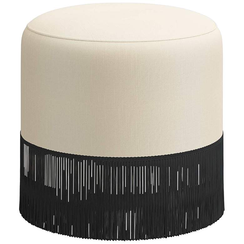 Image 1 Roxie Shantung Pearl Fabric Ottoman with Black Fringe Trim