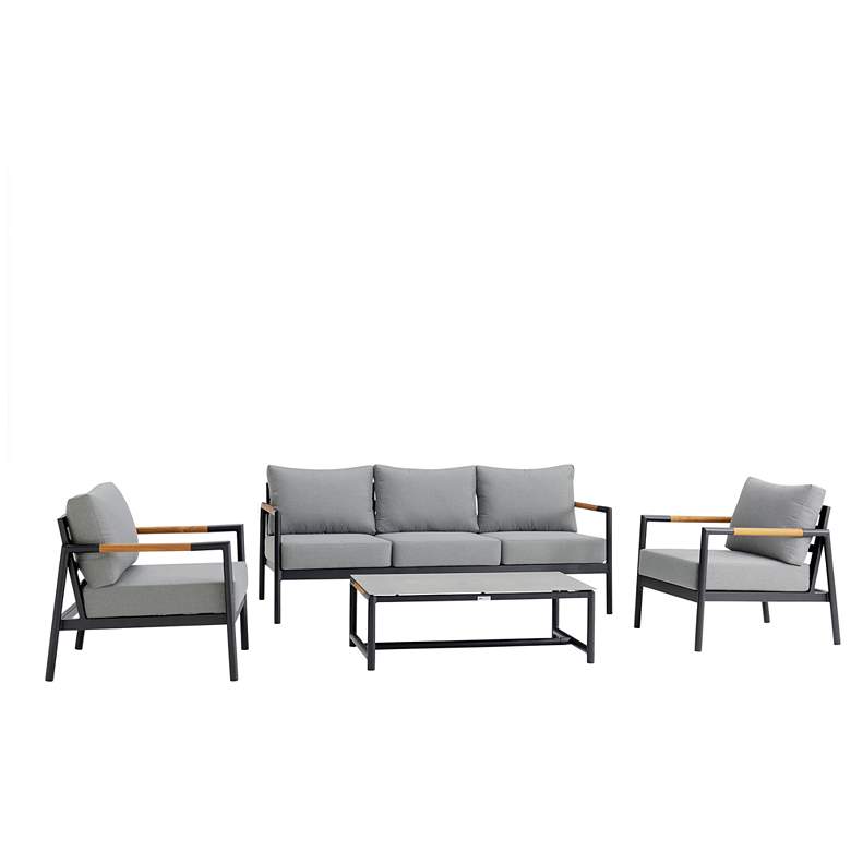 Image 1 Royal 4 Piece Black Aluminum and Teak Outdoor Seating Set with Cushions