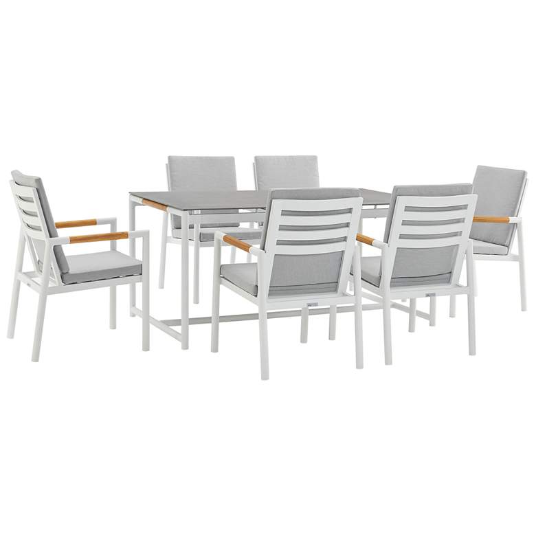 Image 1 Royal 7 Piece White Aluminum and Teak Outdoor Dining Set with Fabric