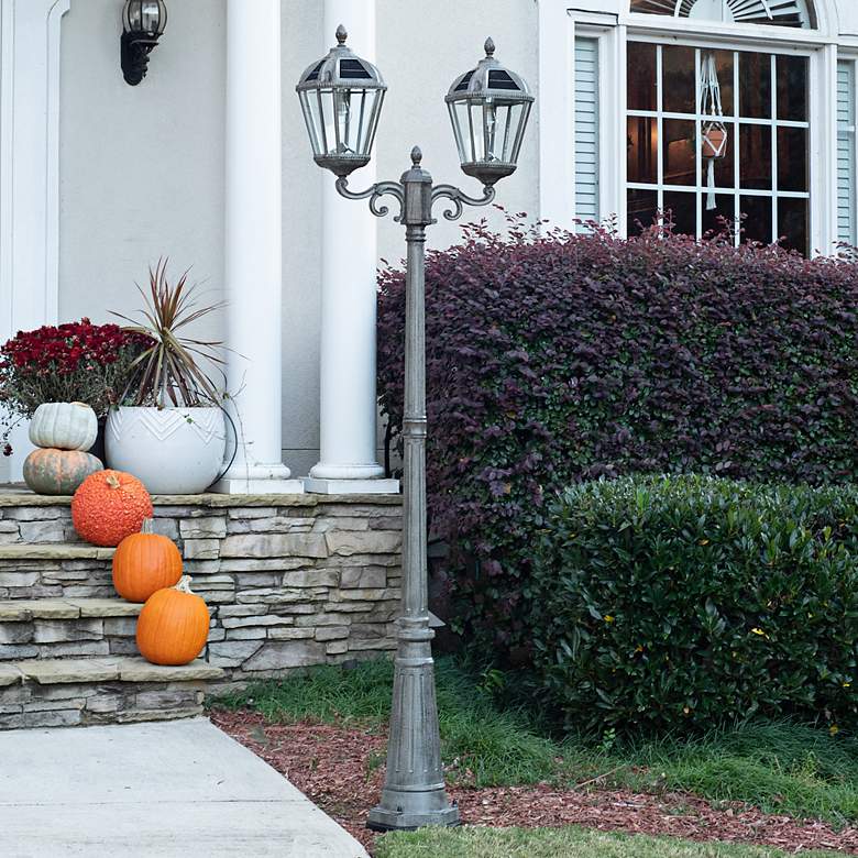 Image 1 Royal Bulb 89"H Bronze 2-Head Solar LED Post Light with Base