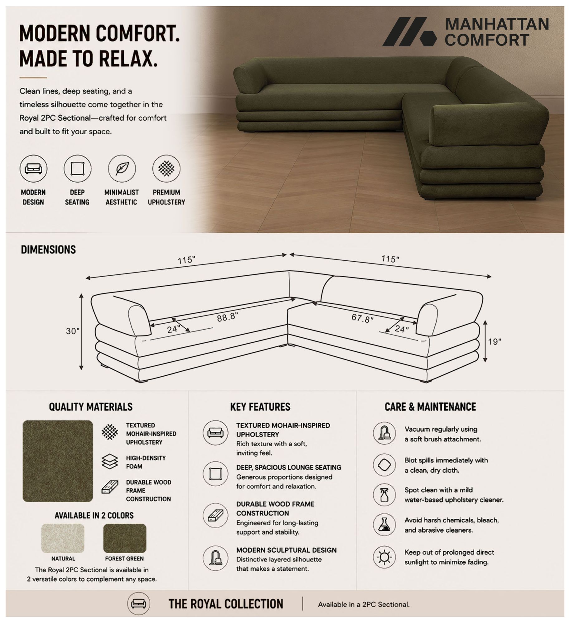 Image 4 Royal Contemporary Modern 2-Piece Sectional in Green more views