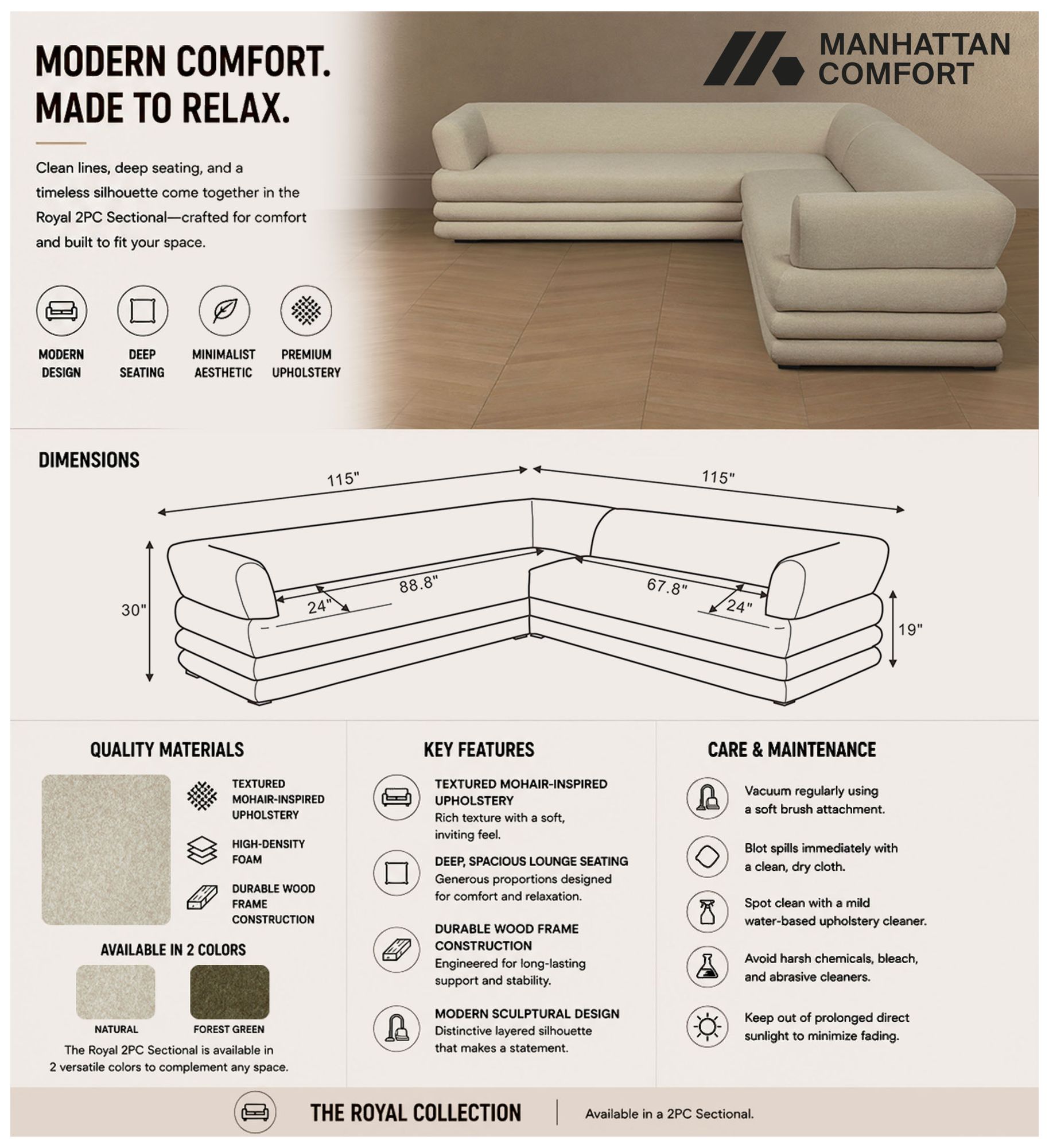 Image 4 Royal Contemporary Modern 2-Piece Sectional in Natural more views