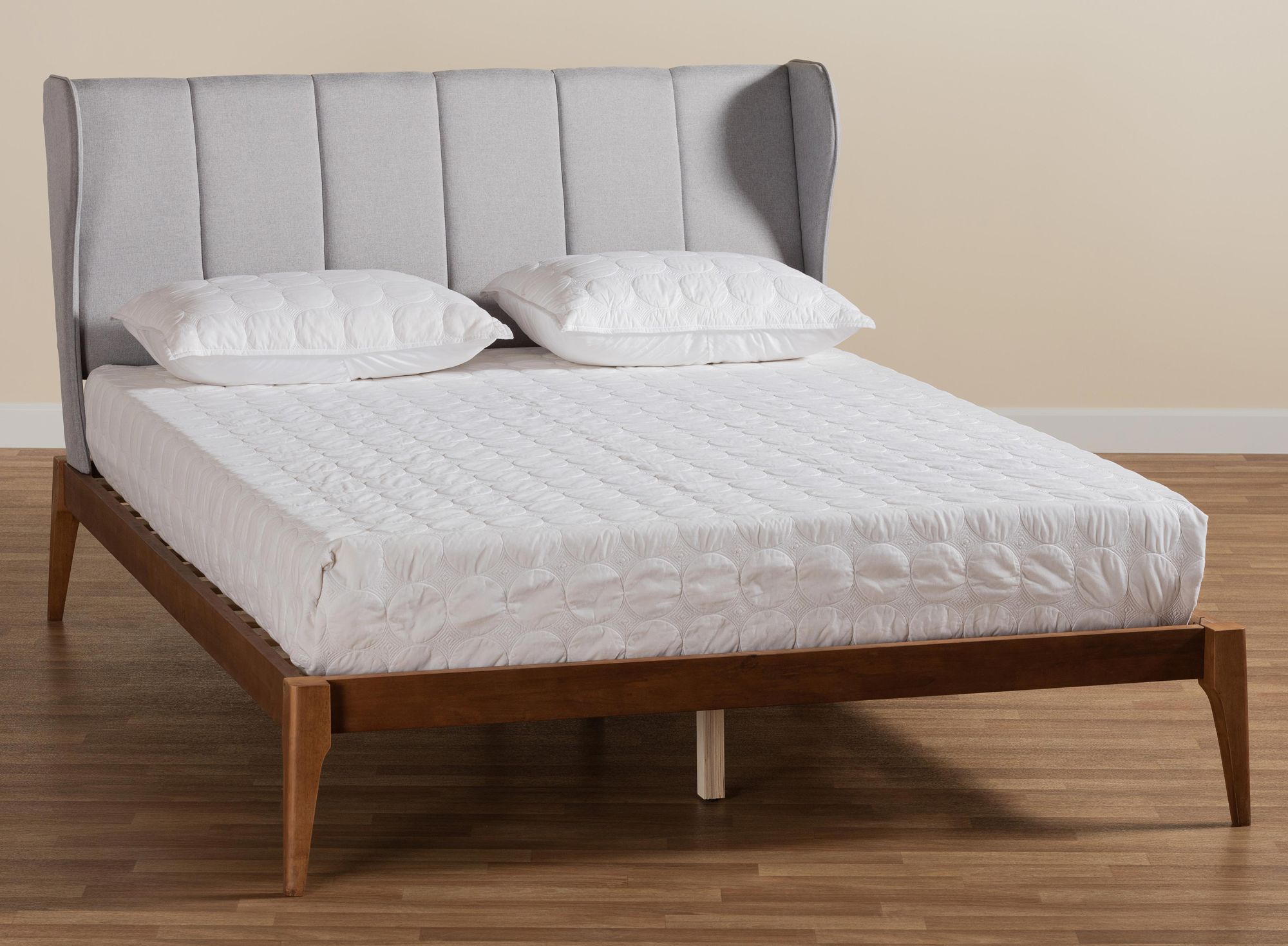 Royce Light Gray Fabric Ash Walnut Wood Queen Platform Bed