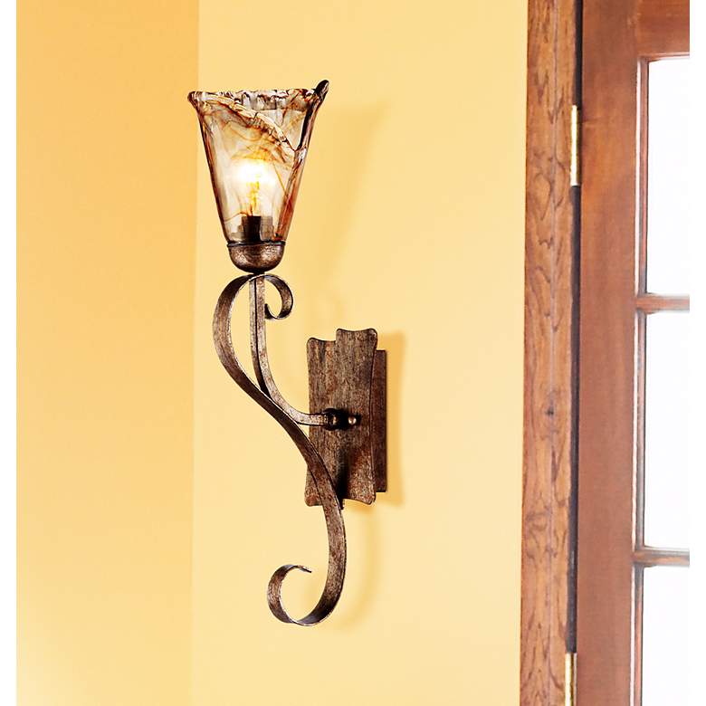 Image 1 Franklin Iron Amber Scroll 23 1/2" High Glass and Bronze Wall Sconce in scene