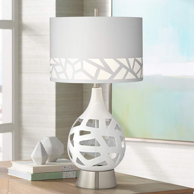 Image 1 Rubin White Geometric Pattern Ceramic Table Lamp