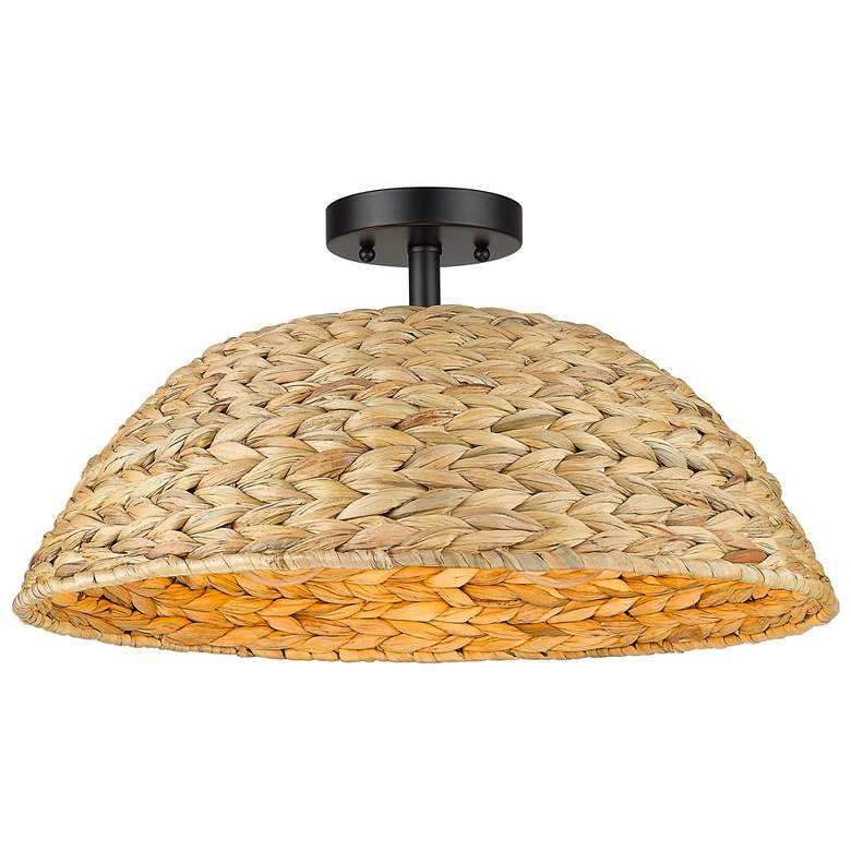 Image 1 Rue 18 3/4" Wide Matte Black 3-Light Semi-Flush With Woven Sweet Grass