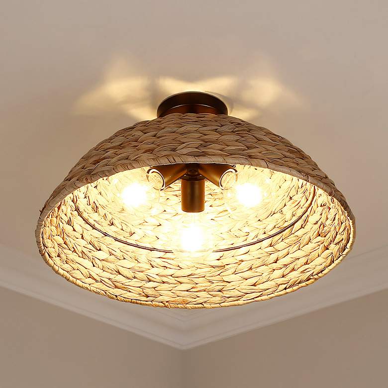 Image 1 Rue 18 3/4" Wide Matte Black 3-Light Semi-Flush With Woven Sweet Grass