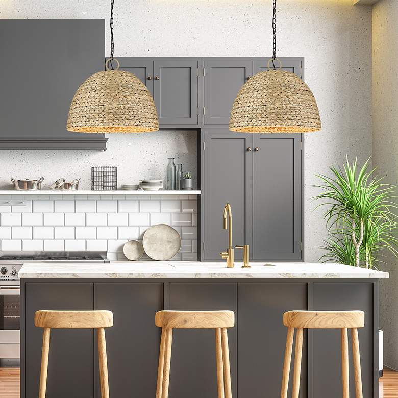 Image 7 Rue 21"W Matte Black Woven Sweet Grass Dome Pendant Light more views