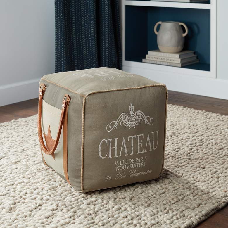 Image 1 Rue Verdi Green French Chateau Square Canvas Pouf Ottoman