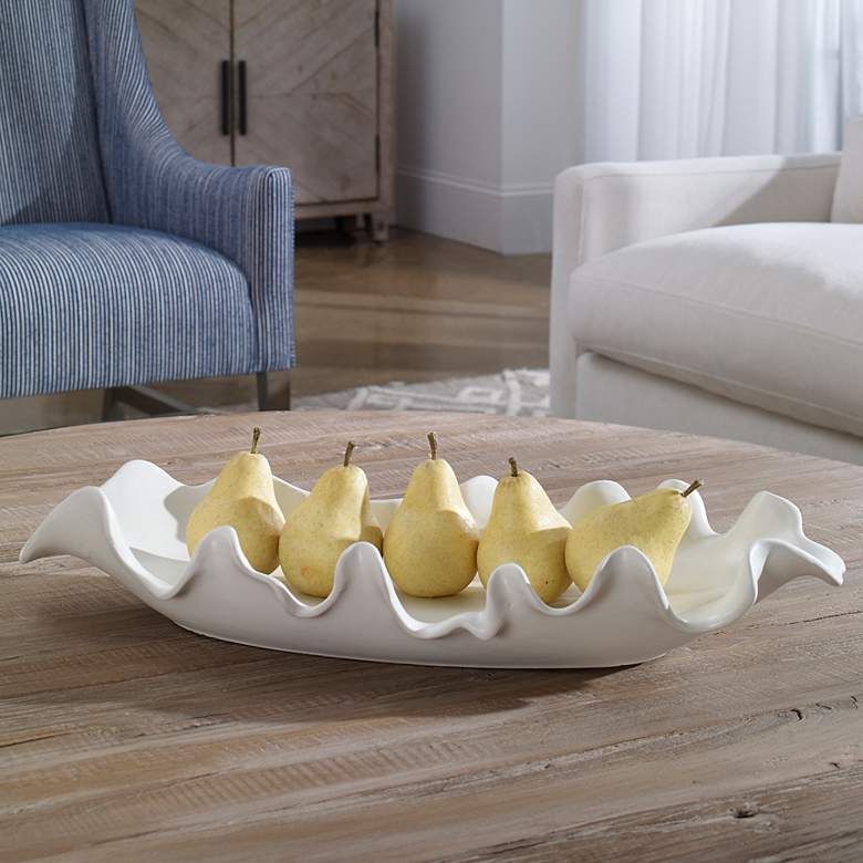 Image 1 Ruffled 24" Wide Matte White Glaze Ceramic Feather Bowl