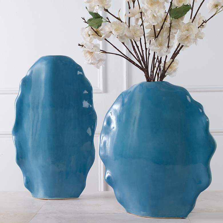 Image 1 Ruffled Feathers 20"H Gloss Blue Ceramic Vases Set of 2