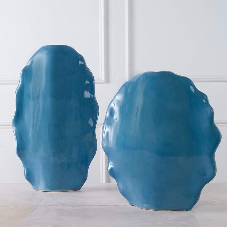 Image 3 Ruffled Feathers 20"H Gloss Blue Ceramic Vases Set of 2 more views