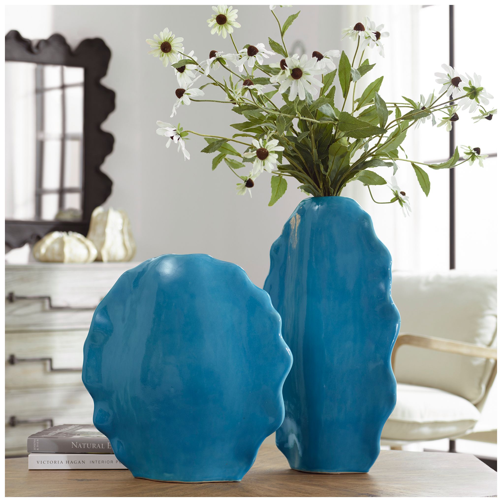 Image 4 Ruffled Feathers 20"H Gloss Blue Ceramic Vases Set of 2 more views