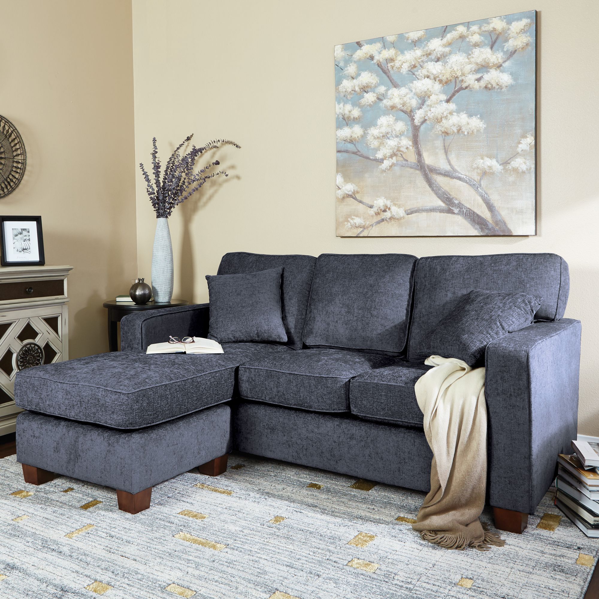 Russell Navy Fabric L Shaped Sectional Sofa with 2 Pillows