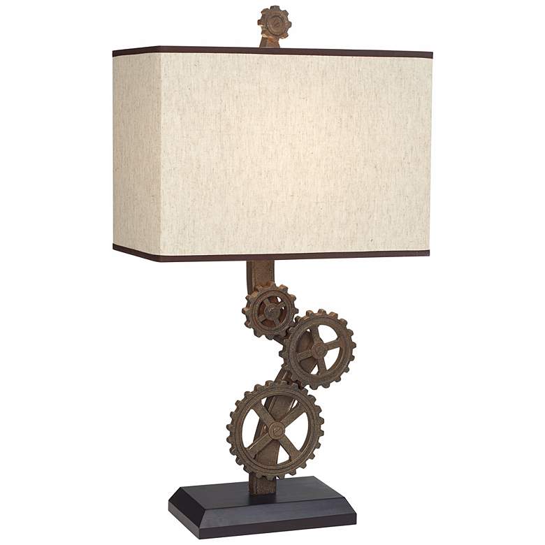 Image 1 Rust Finish Industrial Gears Rectangle Shade Table Lamp
