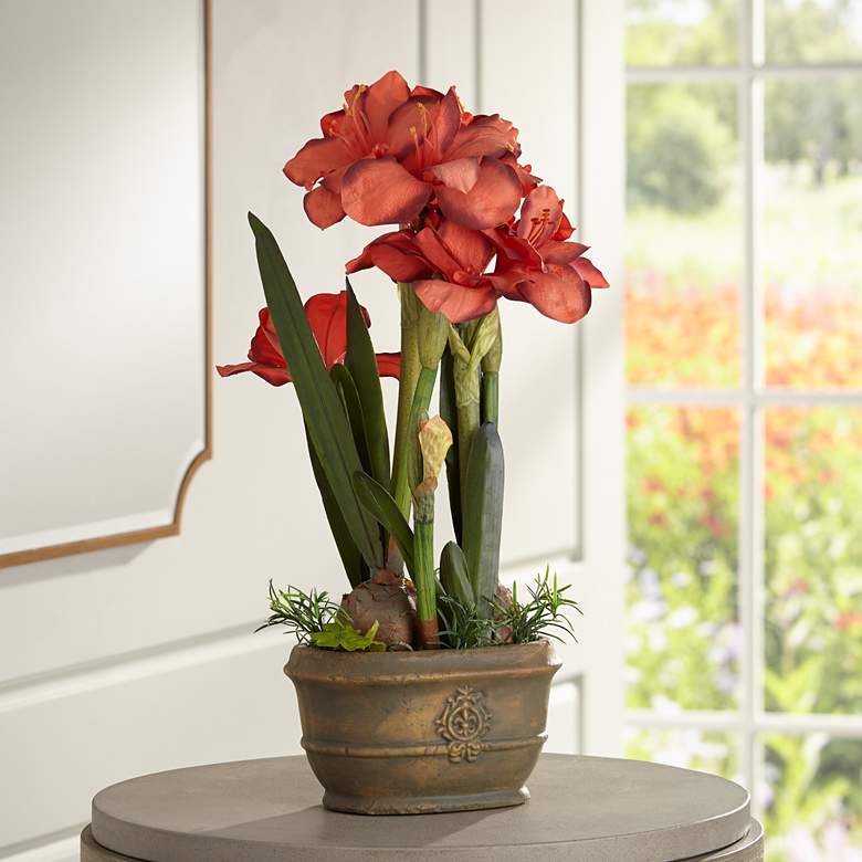 Image 1 Rust Triple Amaryllis 25" High Faux Flowers in Oval Pot