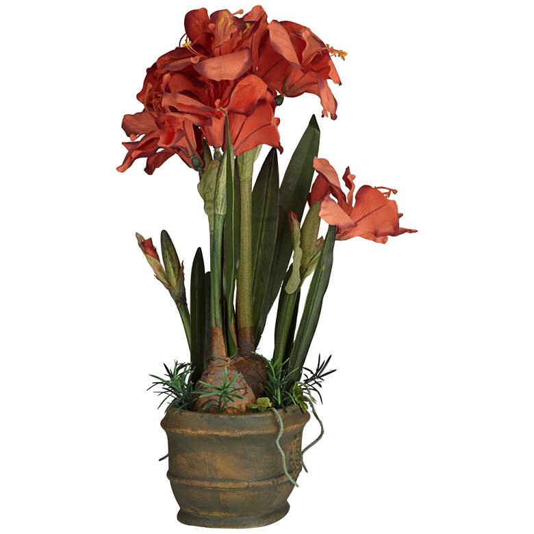 Image 7 Rust Triple Amaryllis 25" High Faux Flowers in Oval Pot more views