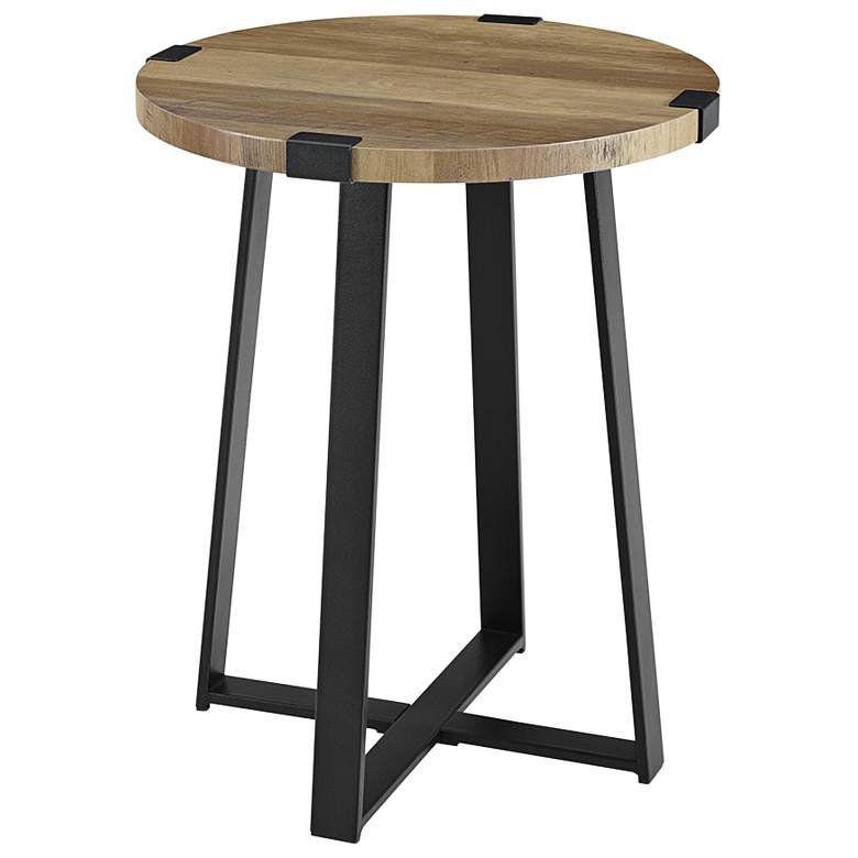 Rustic 18 inch Wide Metal Legs and Oak Top Round Side Table