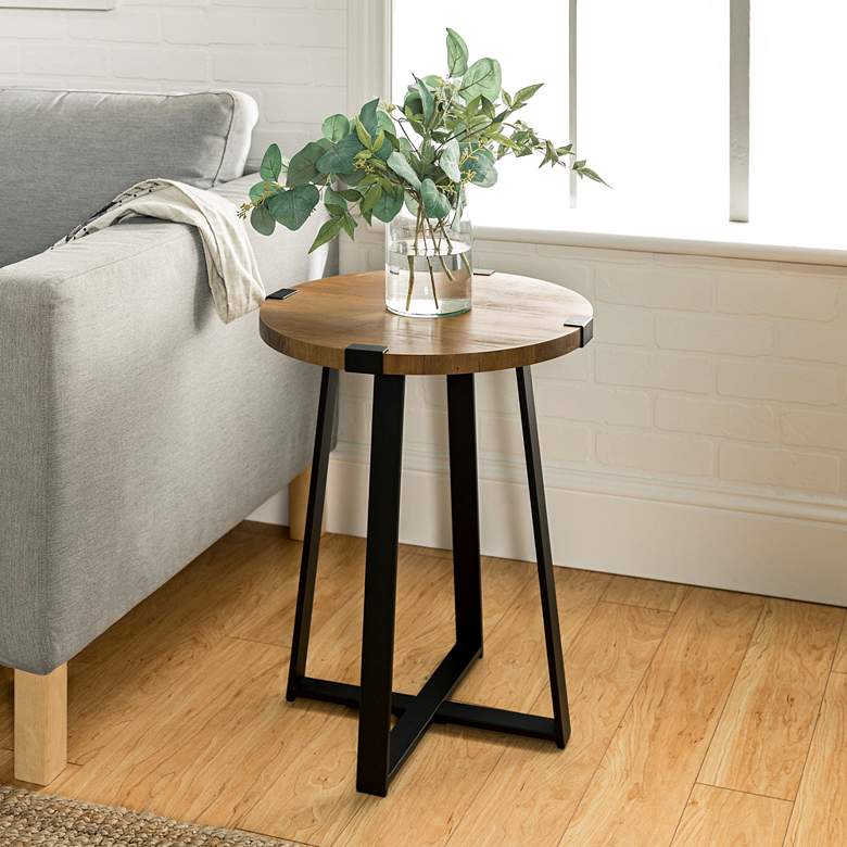 Image 1 Rustic 18 inch Wide Metal Legs and Oak Top Round Side Table