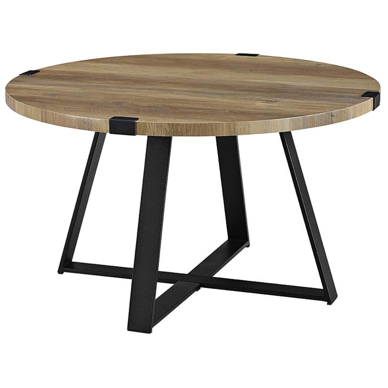 Image 2 Rustic 31 inch Wide Metal Legs and Oak Top Round Coffee Table