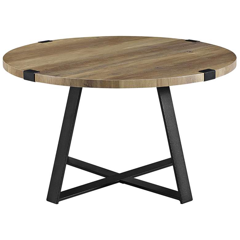 Image 3 Rustic 31 inch Wide Metal Legs and Oak Top Round Coffee Table more views