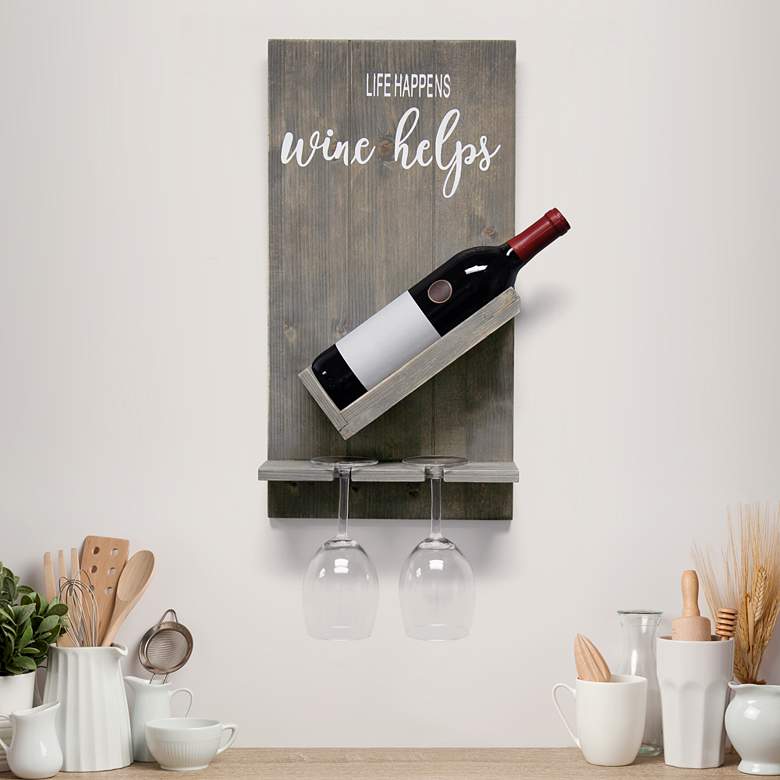 Rustic Gray Wine Bottle Shelf with Glass Holder