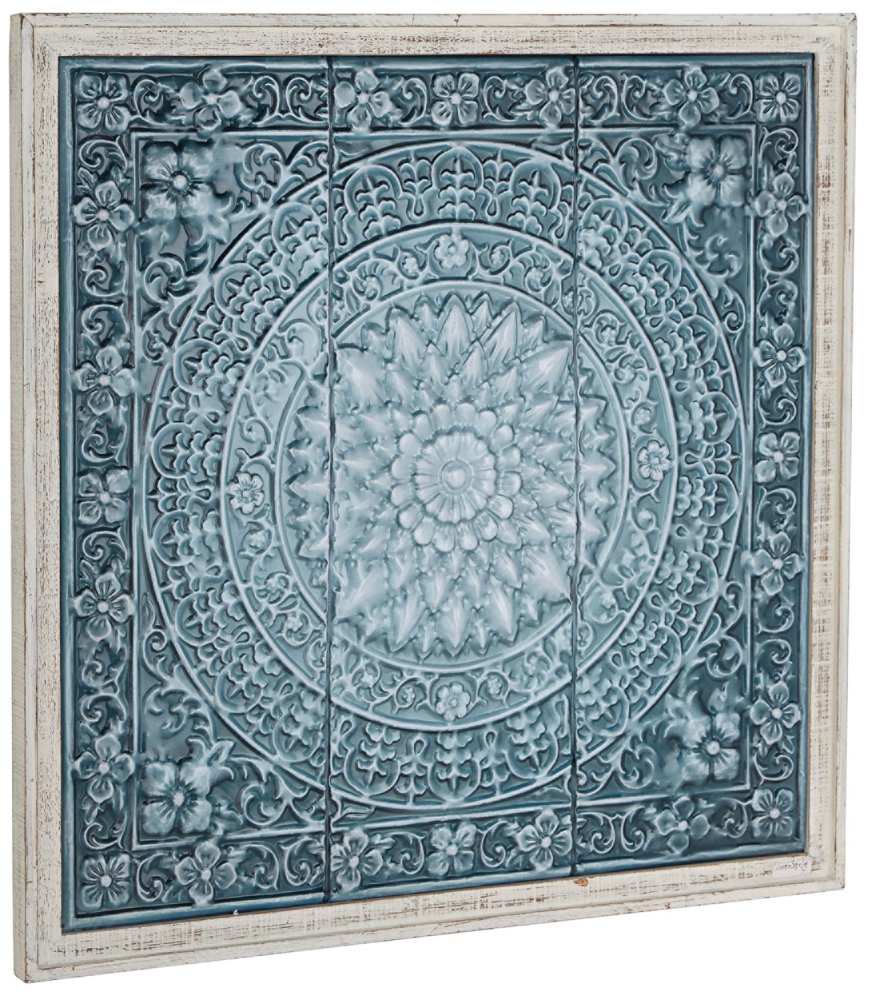 Image 3 Rustic Off-White and Teal Floral 34" High Framed Wall Art more views