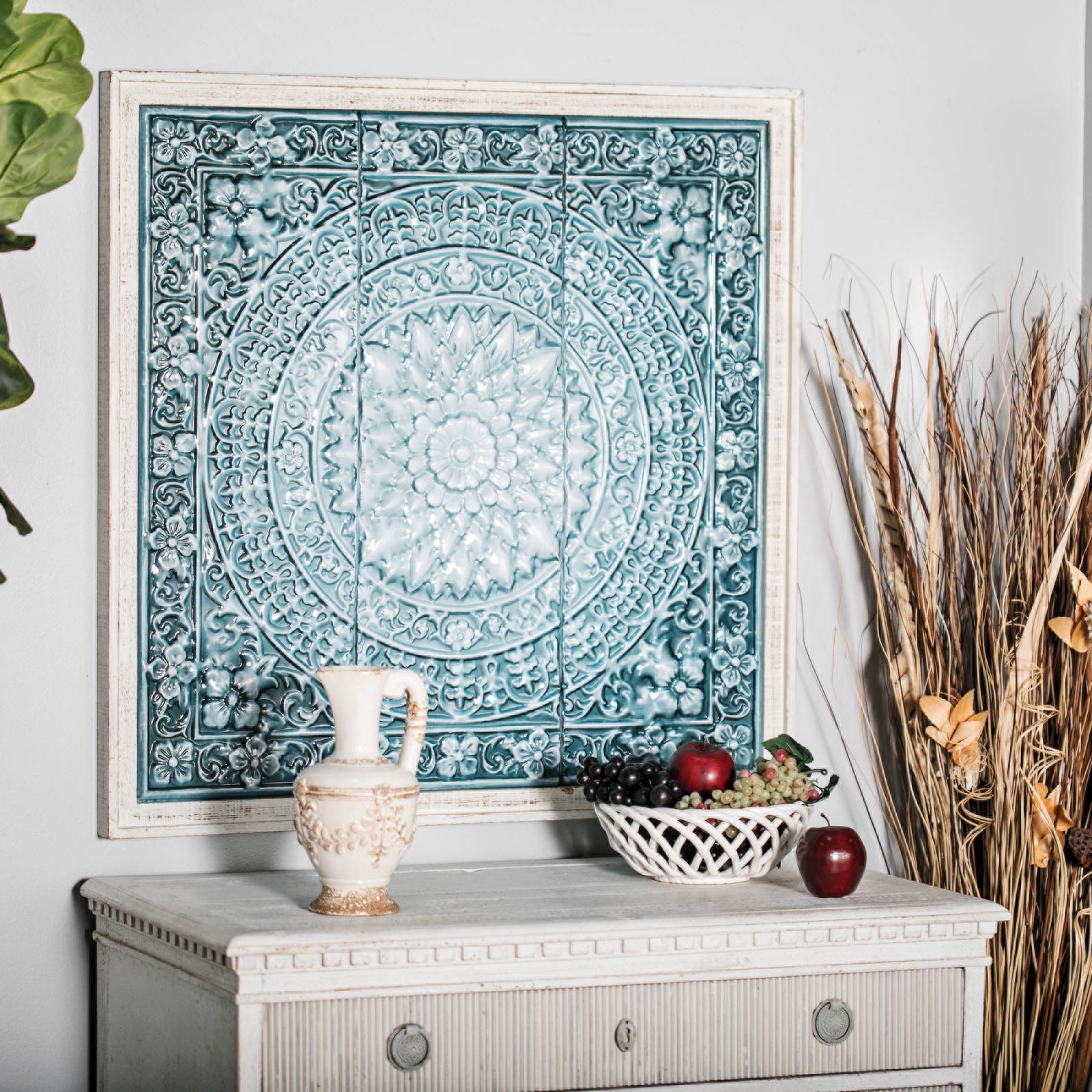 Image 5 Rustic Off-White and Teal Floral 34" High Framed Wall Art more views