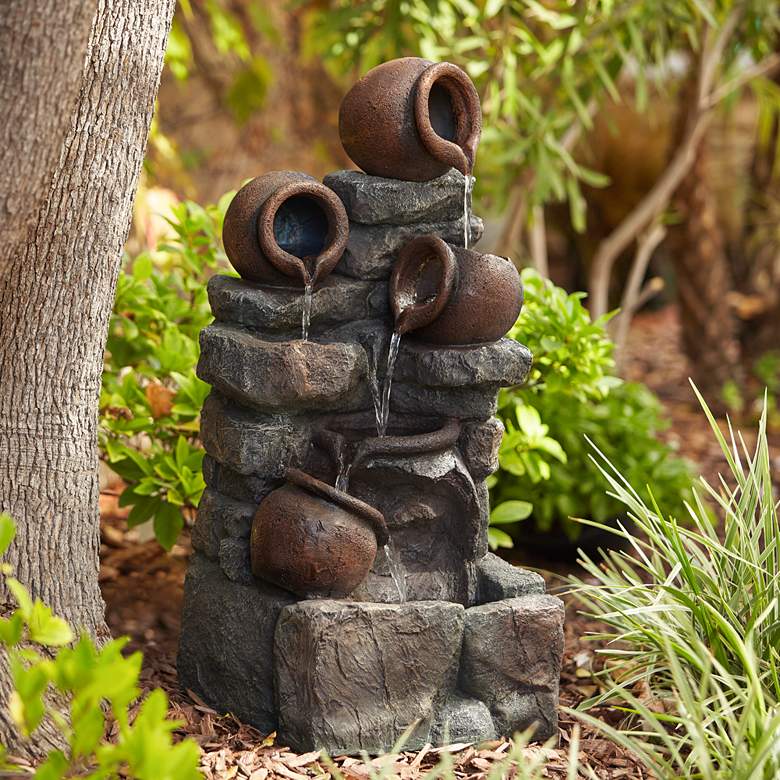 Image 1 Rustic Pottery 32 inch High Garden Fountain with LED Lights