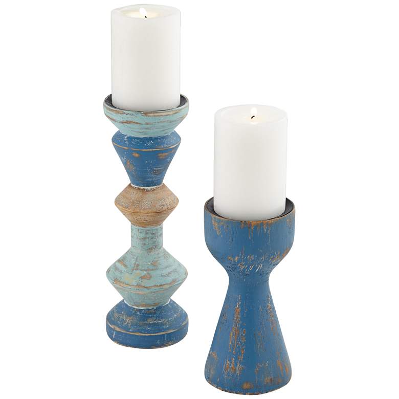 Image 1 Ruston Matte Blue Pillar Candle Holders Set of 2