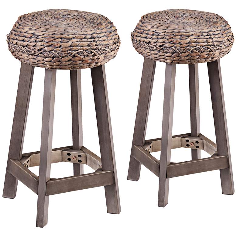 Image 2 Rutina 24" Gray Water Hyacinth Weave Counter Stools Set of 2