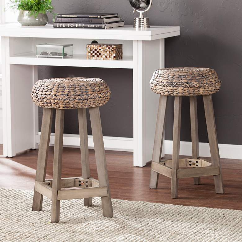 Image 1 Rutina 24" Gray Water Hyacinth Weave Counter Stools Set of 2