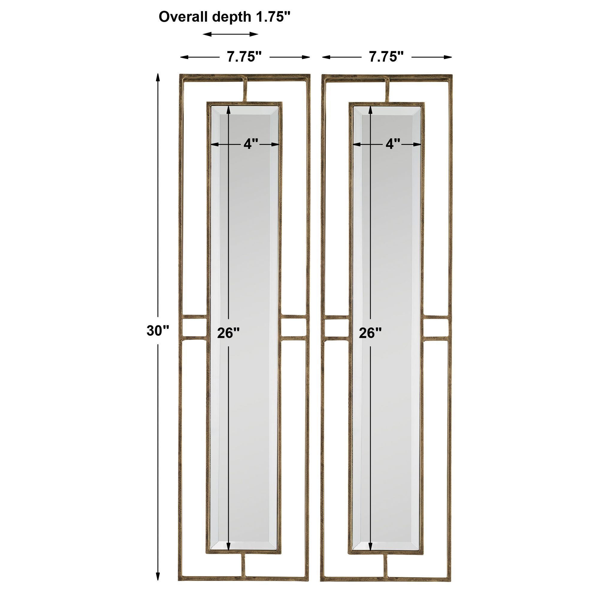 Rutledge Antiqued Gold 7 3/4" x 30" Wall Mirrors Set of 2