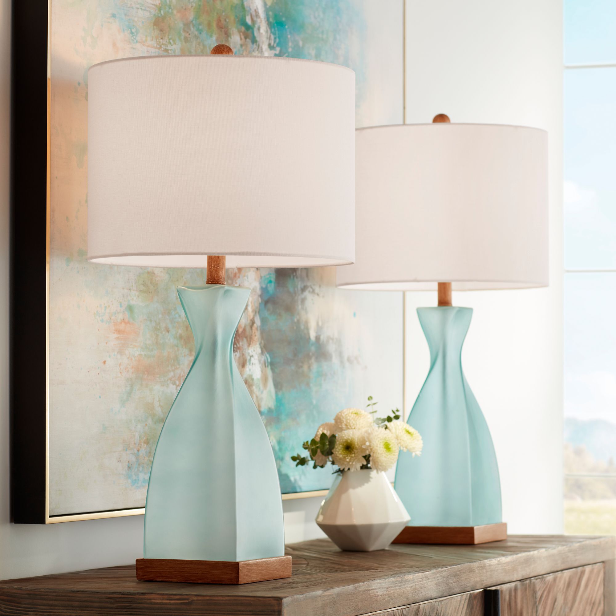 Ryan 28 1/2" High Ocean Blue Glass Coastal Modern Table Lamps Set of 2