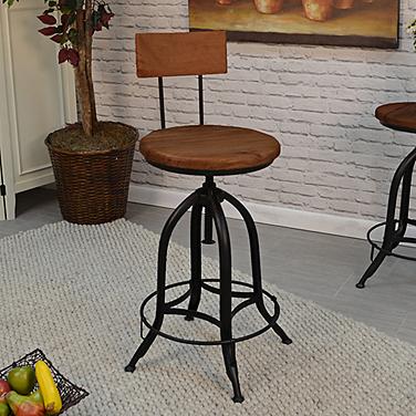 Ryder Chestnut Wood and Black Iron Swivel Adjustable Stool