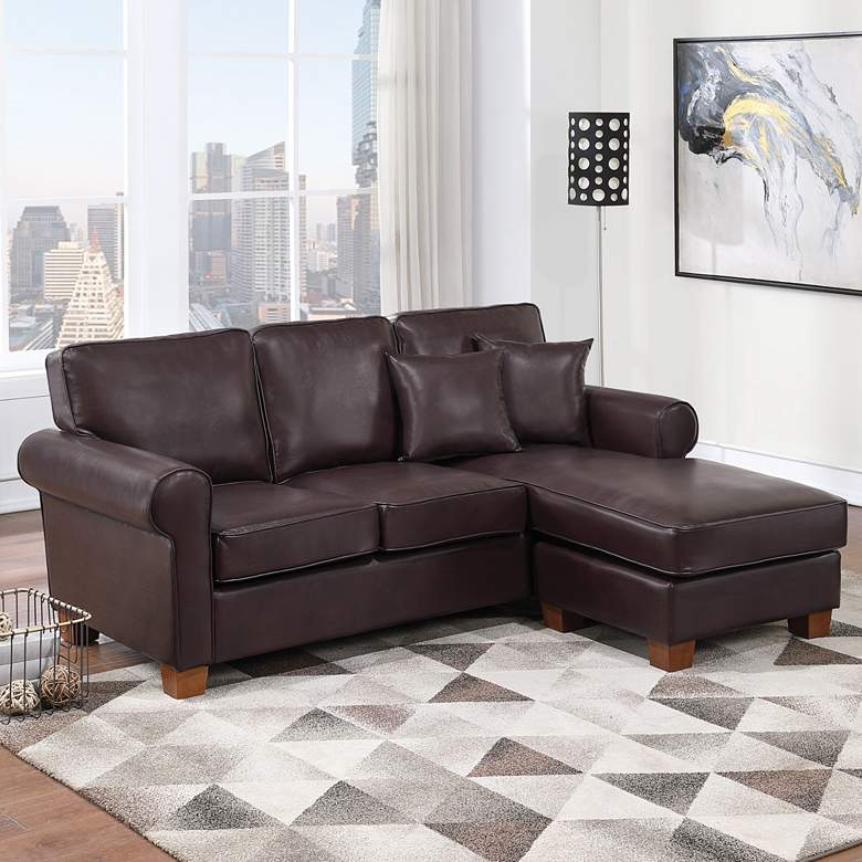 Image 1 Rylee Cocoa Faux Leather L-Shaped Sectional Sofa w/ Pillows