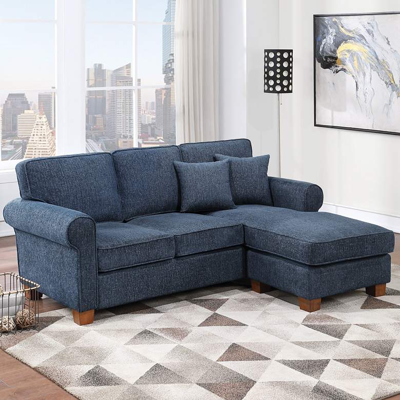 Image 1 Rylee Navy Fabric L-Shaped Sectional Sofa with 2 Pillows