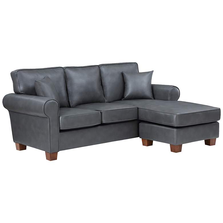 Rylee Pewter Faux Leather L-Shaped Sectional Sofa w/ Pillows