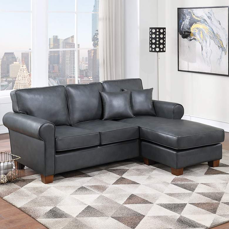 Rylee Pewter Faux Leather L-Shaped Sectional Sofa w/ Pillows - #97P23 ...