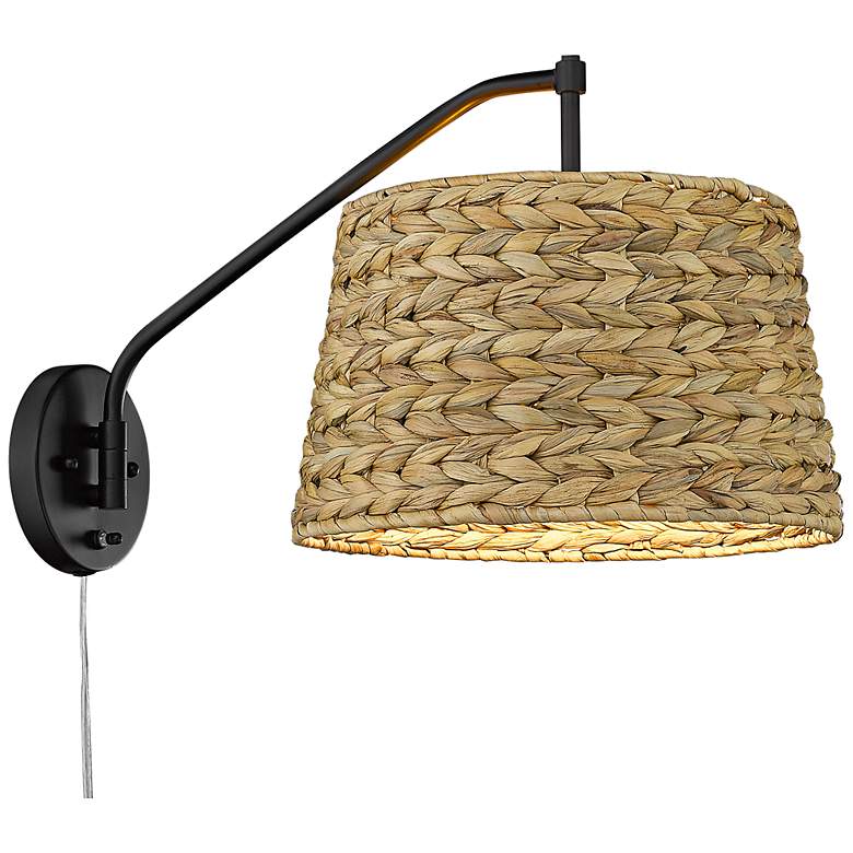 Image 2 Ryleigh Matte Black Swing Arm Wall Lamp w/ Woven Grass Shade