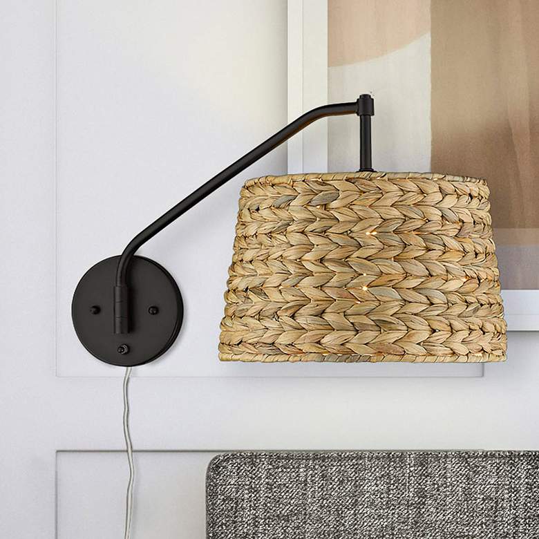 Image 1 Ryleigh Matte Black Swing Arm Wall Lamp w/ Woven Grass Shade