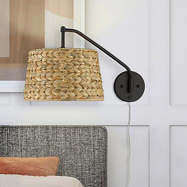 Ryleigh Matte Black Swing Arm Wall Lamp w/ Woven Grass Shade