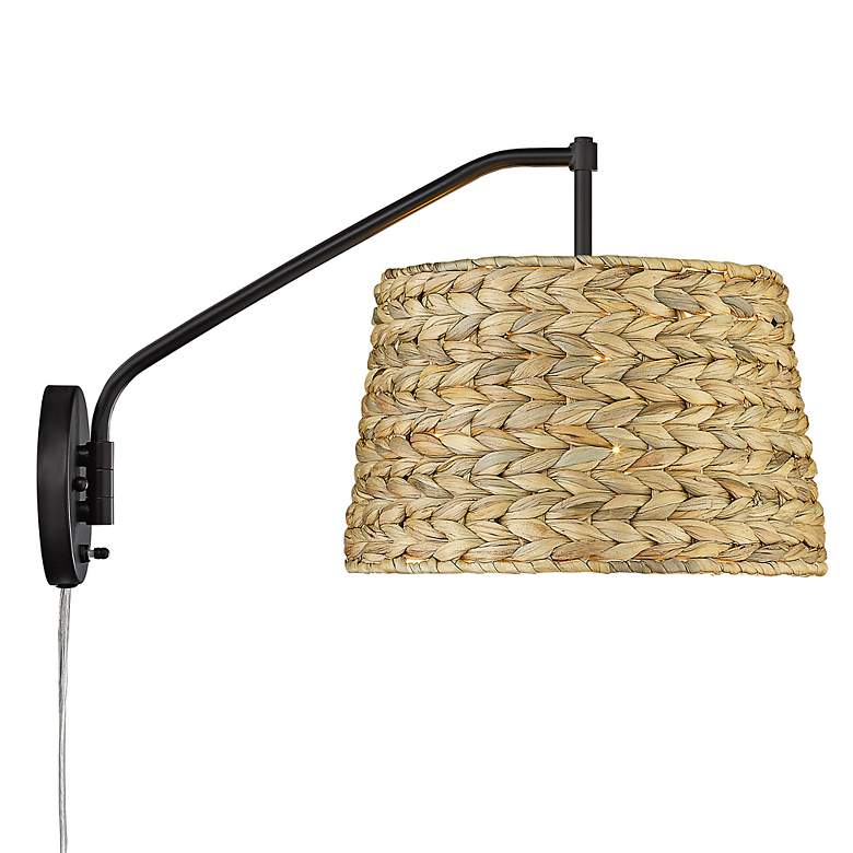 Image 4 Ryleigh Matte Black Swing Arm Wall Lamp w/ Woven Grass Shade more views
