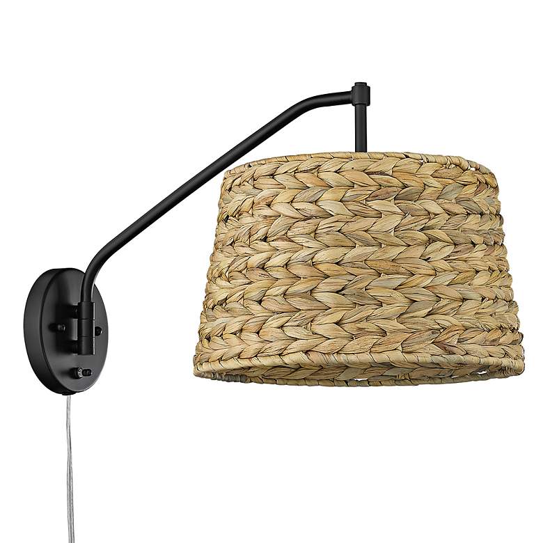 Image 5 Ryleigh Matte Black Swing Arm Wall Lamp w/ Woven Grass Shade more views